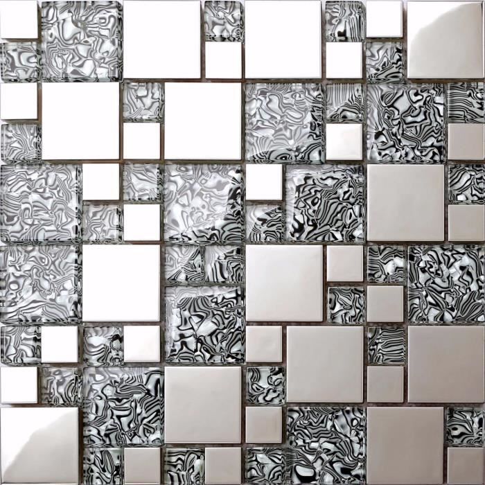 Carrelage Mosaique En Verre Et Acier Inoxydable Gris Argent Les