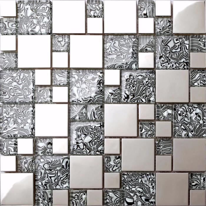 Carrelage mosaïque en verre et acier inoxydable. Gris, Argent. Les feuilles entières de carreaux mesurent 30cm x 30cm (MT0132)