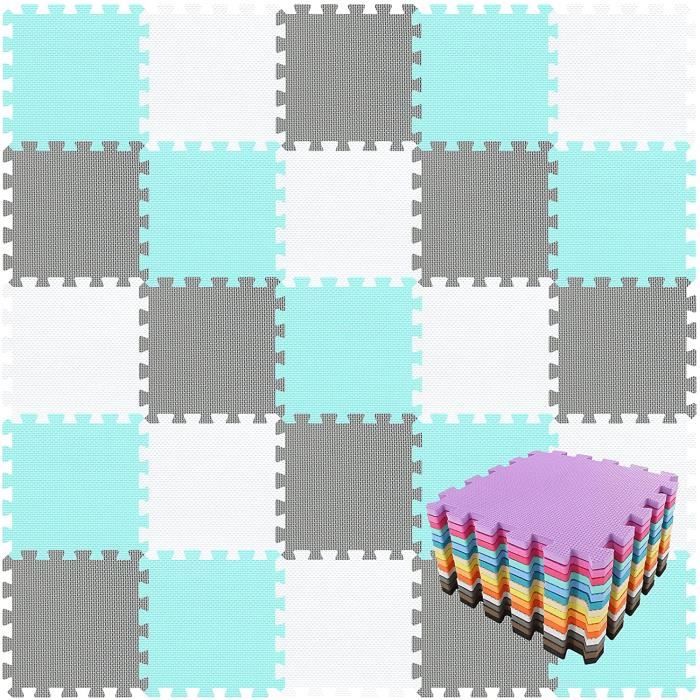 Tapis Puzzle Mousse Bébé 25 Dalles - 30x30x1cm, Couleurs Blanc-vert-gris, Sécurité Certifiée