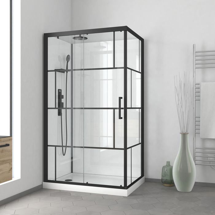Cabine de douche 110x80cm / Receveur Bas - Verre transparent sérigraphié et Blanc - Profilés Noir Cabine de douche 110x80cm / Receveur Bas - Verre transparent sérigraphié et Blanc - Profilés Noir