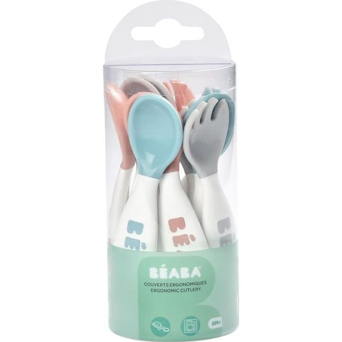BÉABA Set Premiers Couverts ergonomiques 6 Cuillères et 4 Fourchettes Manche court et arrondis Prise en main facile pour Bébé