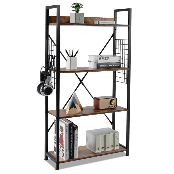 COSTWAY Bibliothèque Industrielle à 4 Niveaux 64 x 24 x 119 5 CM Étagère de Rangement avec Crochets/Coussinets de Pied Réglables