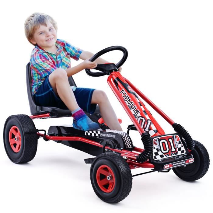 HOMCOM Kart à Pédales Enfant 5-12 Ans – Rouge, Frein à Main, Siège Réglable, 121x58x61 Cm
