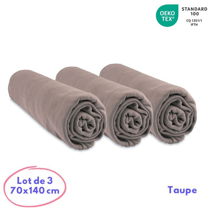 Lot de 3 draps housse -Jersey Bambou - EASY DORT - Taupe - 70x140