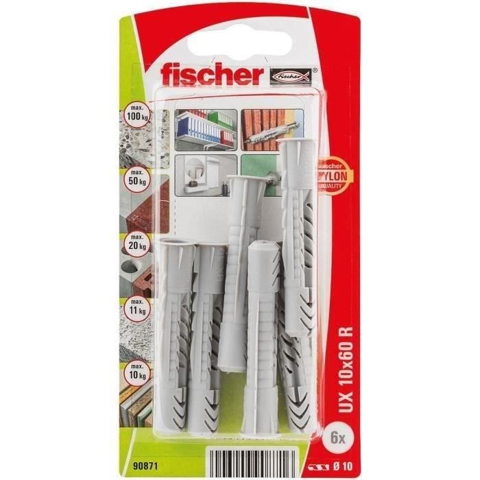 Chevilles multimat FISCHER 10x60 mm Nylon Lot de 6 Universelles avec collerette