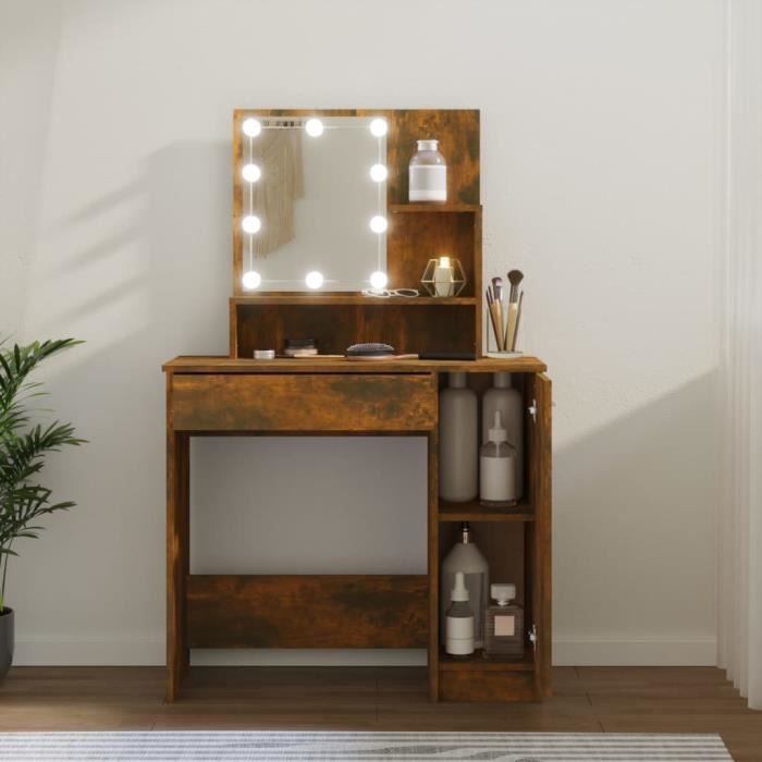 Coiffeuse - FYDUN - YIN - Chêne fumé - 3 tiroirs - LED intégrée - 136 cm de hauteur