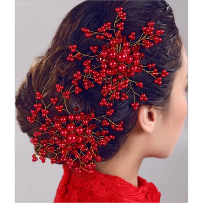 Rouge Femmes cheveux accessoires perle fleur pingles cheveux