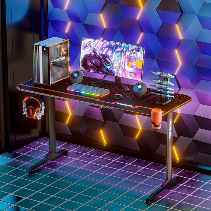 Bureau Gamer LED Dowinx 160cm Rose - Surface Fibre Carbone, RGB, Porte-gobelet, Crochet Casque