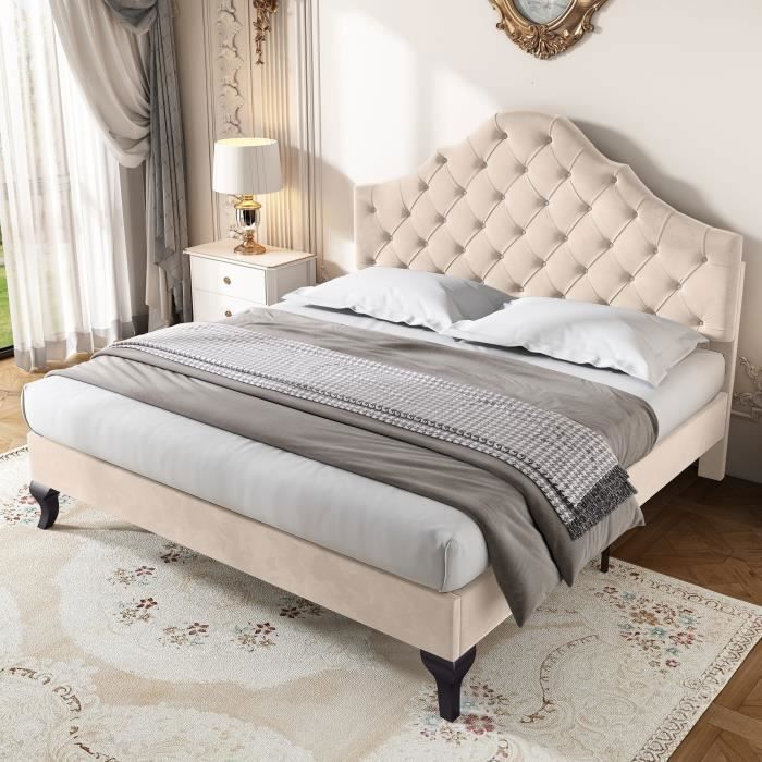 Lit Double Capitonné Velours Beige - MERAX - 140x190 cm - Tête de Lit Réglable - Sommier à Lattes - 2 Places Lit Double Capitonné Velours Beige - MERAX - 140x190 cm - Tête de Lit Réglable - Sommier à Lattes - 2 Places