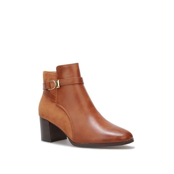 Bottines Femme Marque Bi matiere Camel et Blanc Bride avec Boucle Doree Talon Plat Camel Cdiscount Chaussures