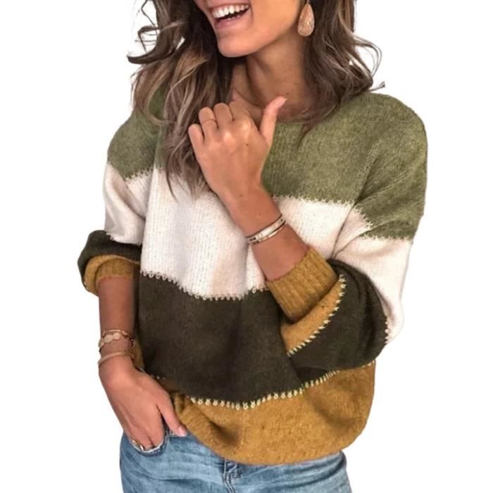 Pull Femme Chic Chaud Pas Cher Raye Ample Mode Pullover Col Rond Hauts Manche Longue Pull Femme Hiver Pull Tricote Chic et Elegant Jaune Cdiscount Pret a Porter
