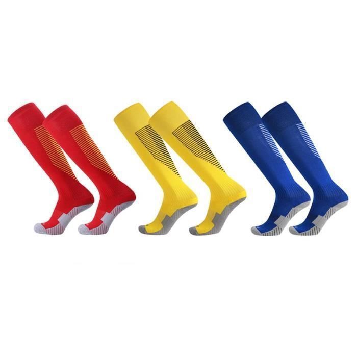 3 Paires Chaussettes de Football Enfant Chaussettes de Sport Protection Respirantes Antidérapant - Rouge/Jaune/Bleu