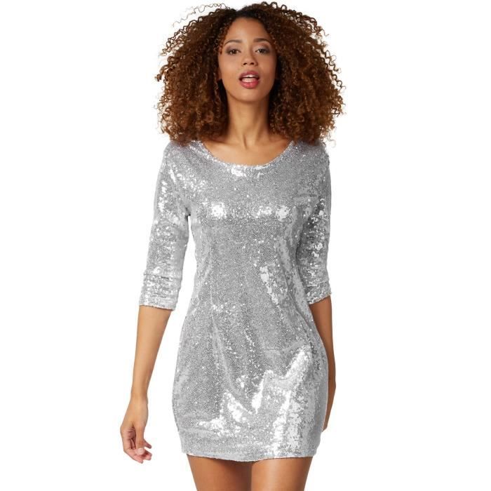 À Manches Longues Midi Argent Sequin Robe Taille 8-16 À Manches Longues Midi Argent Sequin Robe Taille 8-16