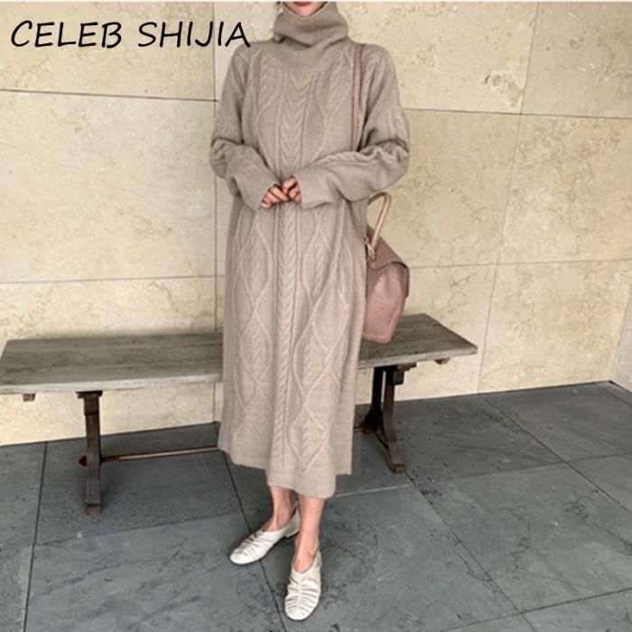 Robe,Robe longue tricotée à col roulé pour femme, vêtement Chic à ...