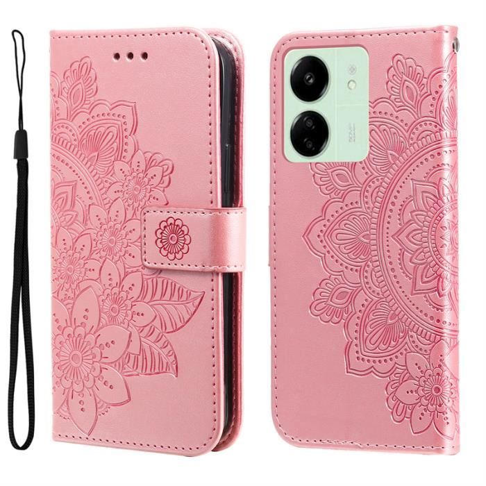 etui pour xiaomi redmi 13c 6.74", étui portefeuille gaufré (3 porte-cartes, support horizontal, fermoir magnétique), or rose tyshdn