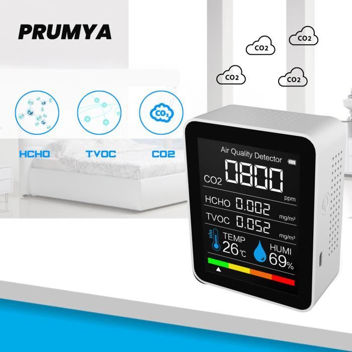 PRUMYA Détecteur CO2 Moniteur de qualité de l'air , Testeur Intelligente C02 / HCHO / TOVC / Température / Humidité Domestique