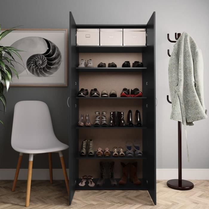Armoire à chaussures avec 2 portes et 6 étagères, Armoire-meuble à chaussures rangement 80x35,5x180 cm, Stable et Robuste, noir