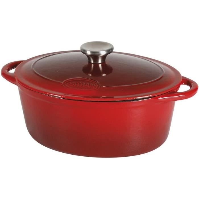 Sitram 711065, Cocotte Tradifonte ovale en fonte emaillee 6,5 Litres - Exterieur rouge, interieur noir mat - bouchon en inox