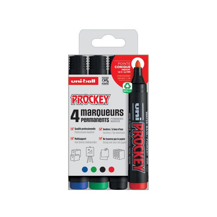 Pochette de 4 marqueurs permanents ogives uni-ball PROCKEY assortis