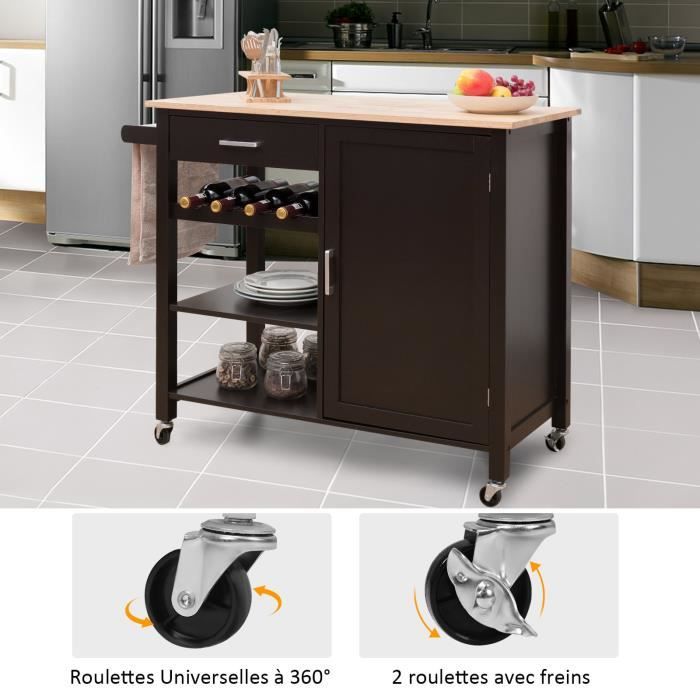 COSTWAY Desserte Roulante Industrielle - Îlot De Cuisine Bois Avec Casier à Vin - Étagères Réglables Marron