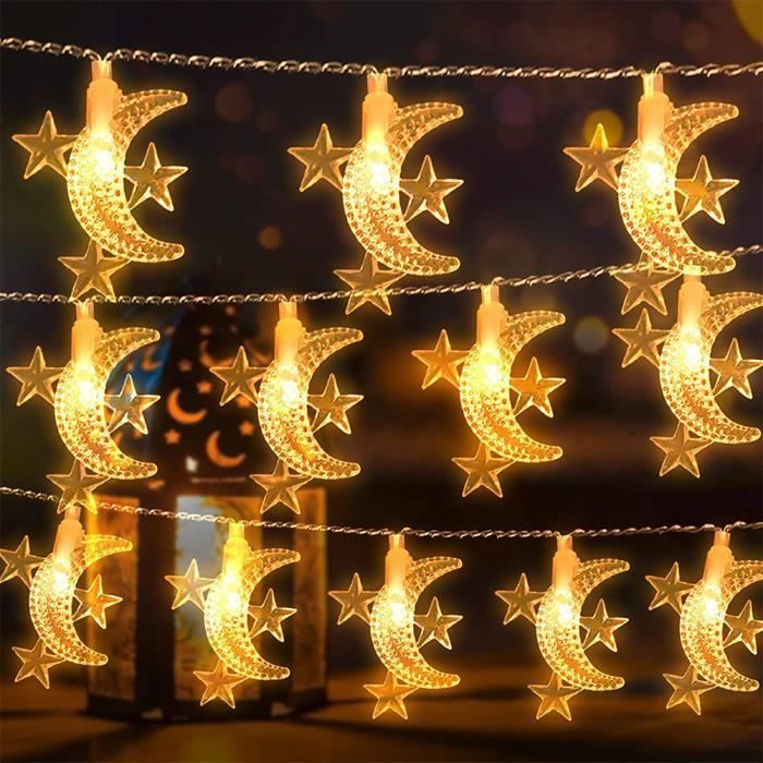 Décorations De Ramadan Pour La Maison - Guirlande Lumineuse à DEL Pour Fenêtre De L'Aïd - 0,9 M - À Suspendre - 4 Lune Et étoile - Alimentée Par USB - Décoration