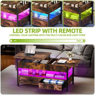 YITAHOME Table Basse Relevable Salon Noir 106x50x51,5 Cm - Plateau Élévateur + 2 Tiroirs Tissu + Bande LED RGB - Rangement Astucieux