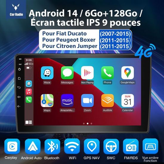 AWESAFE Autoradio Android 13 Pour Peugeot Boxer II/Citroën Jumper II/Fiat Ducato - 9" 6Go+128Go, CarPlay/Android Auto, 4G