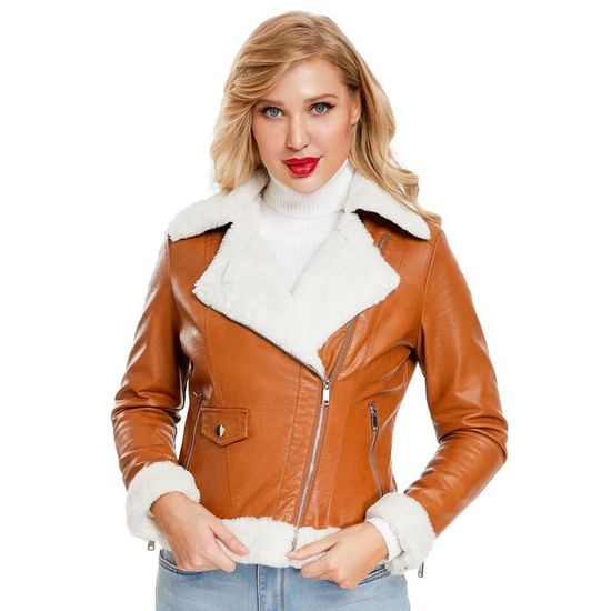 Blouson Bomber Femme En Cuir Doublé Polaire - Veste Chaude Hiver, Imperméable, Coupe-vent, Taille 46