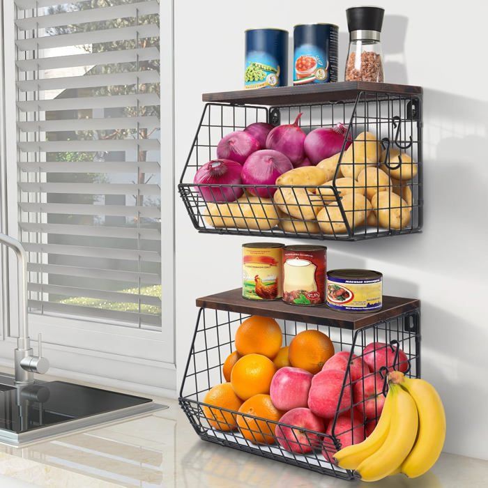 Corbeille Fruits 2 Niveaux Etagère à Fruits 2 Étages Mutool - Avec Crochet Banane - Métal Noir - Gain De Place étagère à Fruits Métal - 11