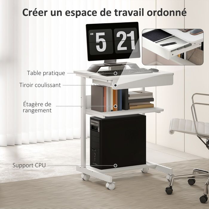 Support Ordinateur Réglable Hauteur 3 Niveaux Avec Roulettes - Chariot Mobile 69x51x30 Cm - Pour PC Tour, Bureau, Salon