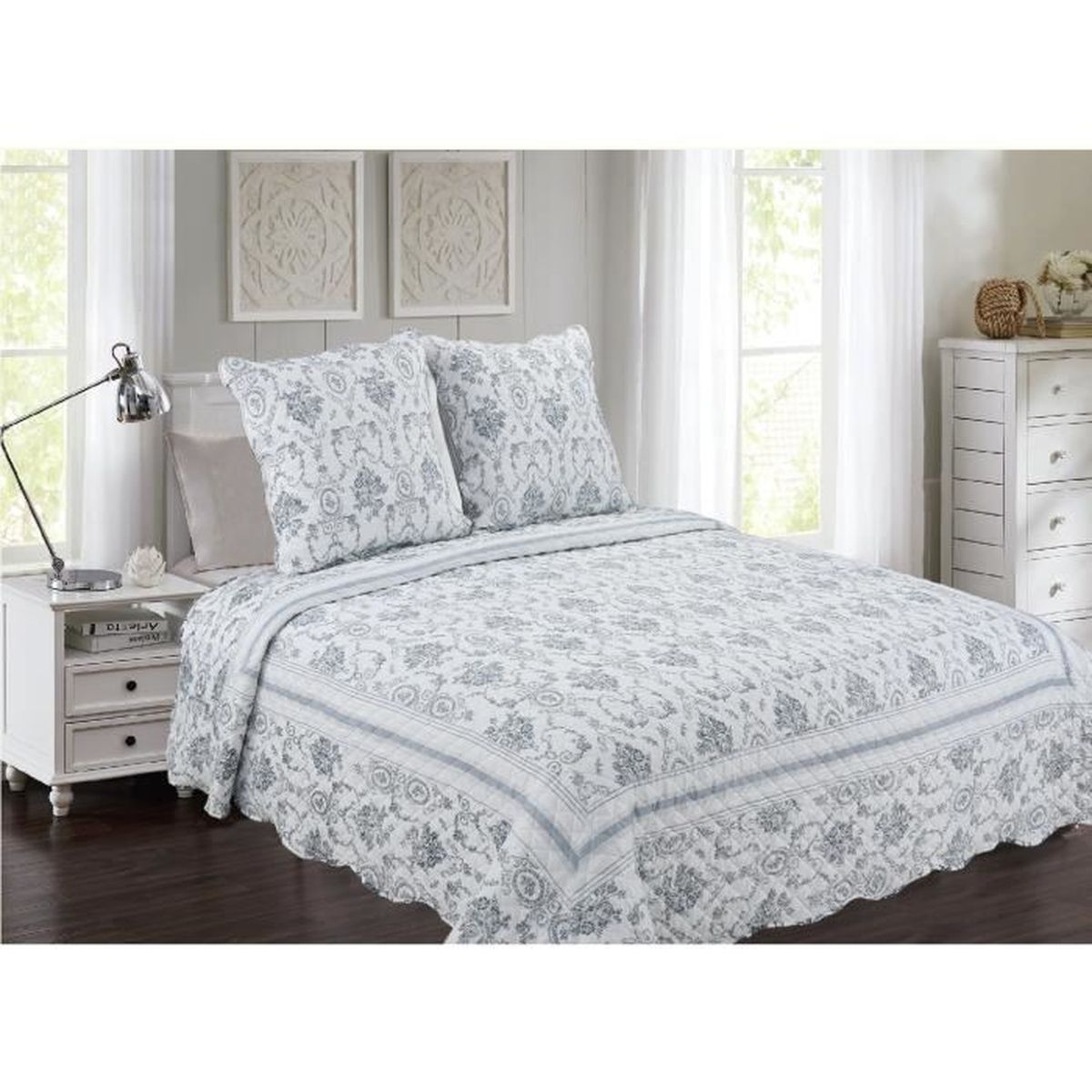 Couvre-lit 2 Personnes HANSEL HOME 230x260cm + 2 Taies 50x70cm - Microfibre Douce, Imprimé Blanc - Toutes Saisons