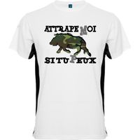 HUMOUR - Tee shirt chasse "ATTRAPE MOI SI TU PEUX" | t-shirt bicolor avec sanglier en tenue camouflage