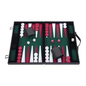 Chessgammon Ensemble de Backgammon en cuir noir et incrusté rouge royal pliable traditionnel pour adultes et enfants 45,7 cm