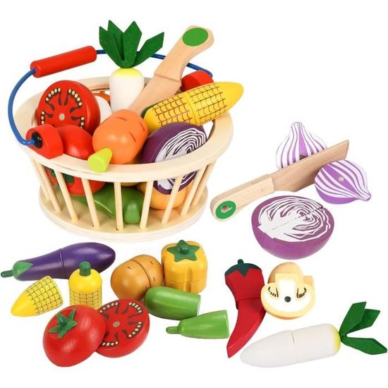 UCAMP – 22 Pièces Fruits Et Légumes à Découper En Bois – Jeu De Dinette Avec Couteau, Planche Et Velcro – Dès 3 Ans