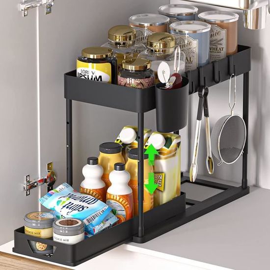 Organisateur Sous évier 2 étages Coulissant - Lot De 2, Hauteur Réglable 33.5-41.5cm, Capacité 28kg, Pour Cuisine/salle De Bain