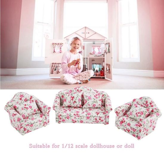 Dioche Doll Sofa Set 1/12 échelle accessoires de maison de poupée modèle de fleur mini meubles canapé ensemble avec coussins de