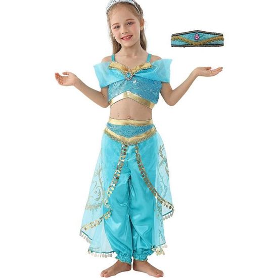 Costume Princesse Jasmine Atorcher - Paillettes Bleues - Pour Fille - 2 Pièces