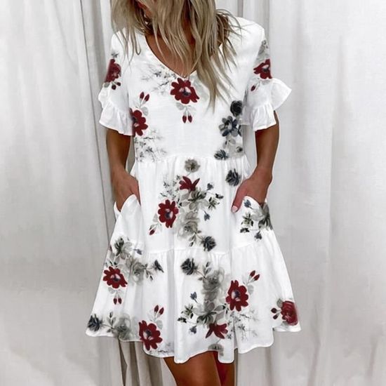 Mini-robe à volants et manches bouffantes à fleurs, col en cœur, rouge
