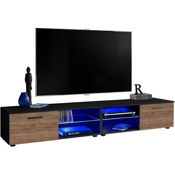 2 meubles TV avec une étagère en verre et une porte / Carcasse en Mat / Façades en Bois Mat / L(2x100cm) x H34.5cm x P45cm / Tabac M