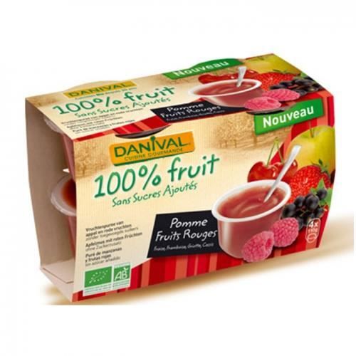 DANIVAL - Purée pomme & fruits rouges 100% fruit bio sans sucres ajoutés 4 x 110 g - Fraise, framboise, griotte, cassis - Compote...