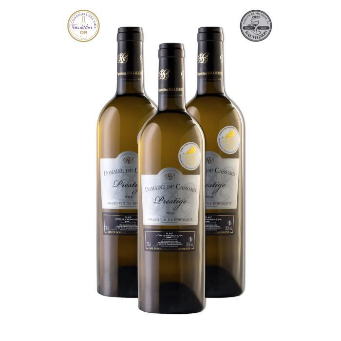 Lot de 3 bouteilles Vin Blanc Blaye Côtes de Bordeaux Domaine du Cassard – Cuvée Prestige- Médaille d'or & Médaille Argent