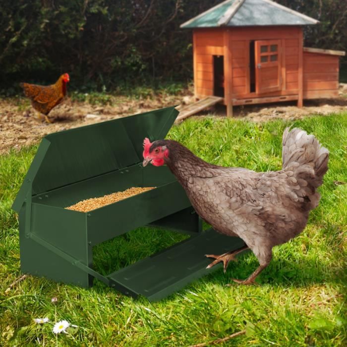 IDMARKET Mangeoire XL verte pour poules distributeur automatique à pédale en acier 5 KG
