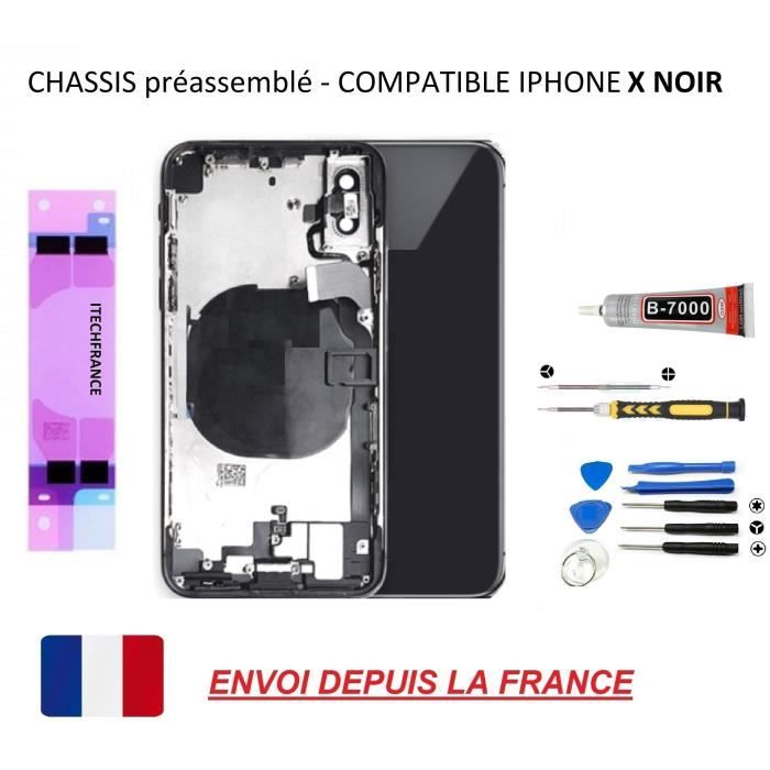 ITECHFRANCE® Châssis arrière préassemblé compatible iphone X NOIR vitre arrière, qualité origine, kit outil,lame souple,tournevis, c