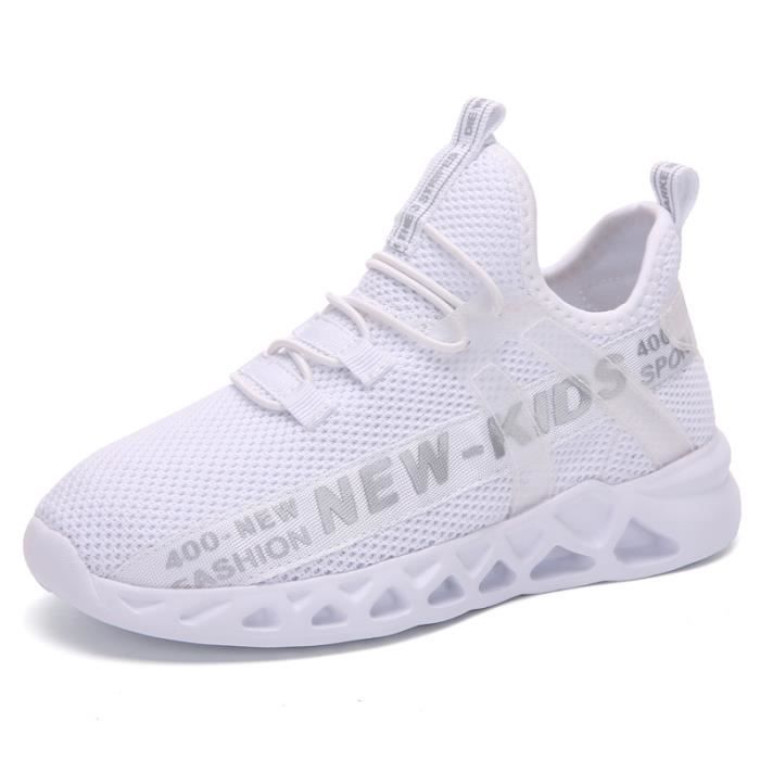 Chaussures de course de sport en maille pour enfants, légères et respirantes-blanc