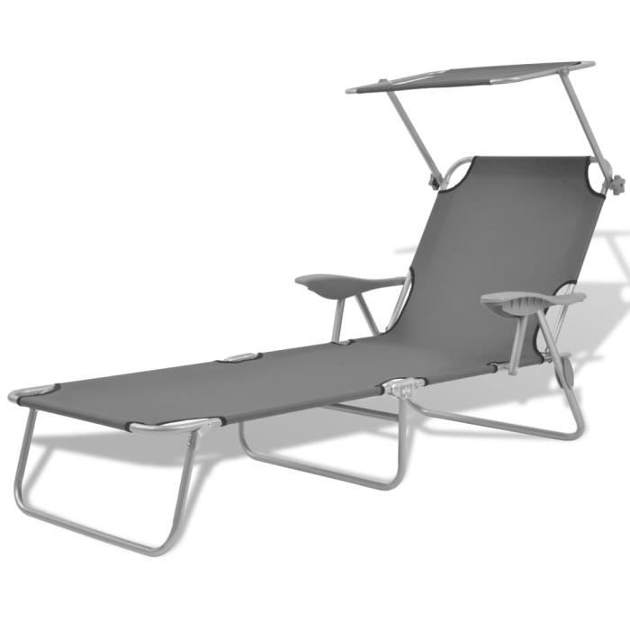 Chaise Longue de Jardin,Chaise Longue pliante,Bain de Soleil Transat avec auvent Acier Gris