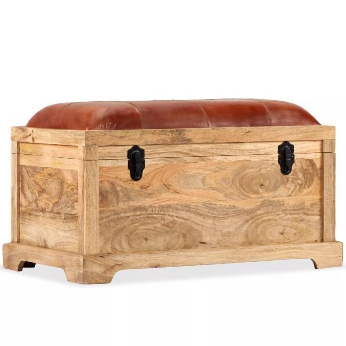 Bancs coffres Banc de rangement Boîte de rangement Cuir véritable Bois de manguier 80x44x44 cm