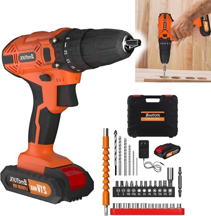 Perceuse Visseuse Sans Fil 21V 45N.m Couple Max EmdTOOL Perceuse Percussion avec Batterie 15Ah 2 Vitesses 29 Accessoires LED