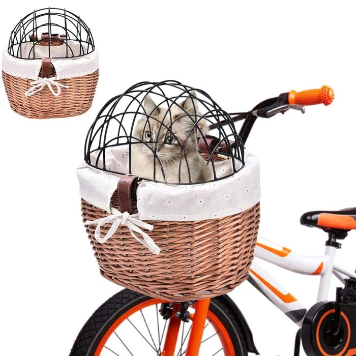 Meilleurs prix pour Panier avant pour chien en osier tissé pour vélo, panier de transport pour animaux de compagnie pour chiens, chiots et chats