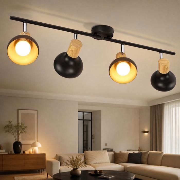 Plafonnier vintage bois et métal noir NETTLIFE - 4 spots E14 Orientables style industriel pour salon cuisine chambre