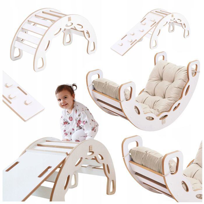 Montessori Arche à Bascule avec Coussin Mur dEscalade Toboggan pour Enfants 4en1 Misioo Blanc/Beige 90x41x50 cm